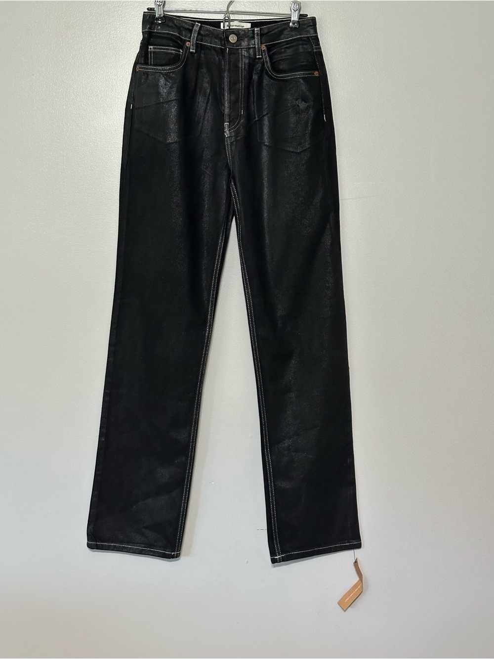 New Reformation Cynthia High‎ Rise Straight Long Jeans in Glossy Black Size 27 - Picture 2 of 8